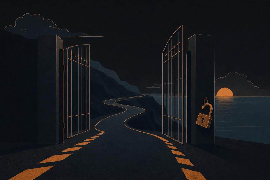 Illustration of an open gate on a coastal cliff with a road leading toward the horizon, symbolizing regulatory approval opening new markets